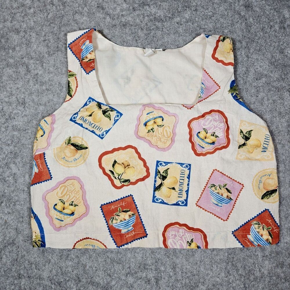 J JOIE Cropped Amalfi Coast Lemon Print Linen Blend Top Italy Vacation Sz Large